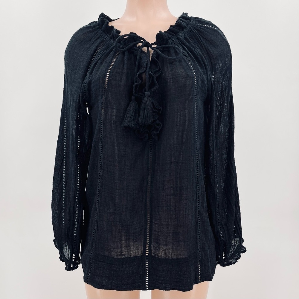 Sundance Black Semi-Sheer Gauzy Ruffle Lace Bohemian Peasant Blouse Top